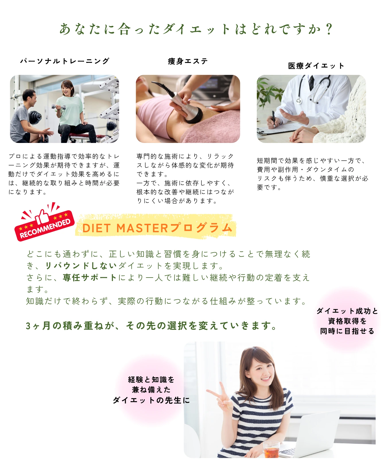 あなたに合ったダイエットはどれですか？パーソナルトレーニング・痩身エステ・医療ダイエットの比較と、おすすめDIET MASTERプログラムの特徴 - リバウンドしないダイエットを実現、専任サポートで行動定着、ダイエット成功と資格取得を同時に目指せる