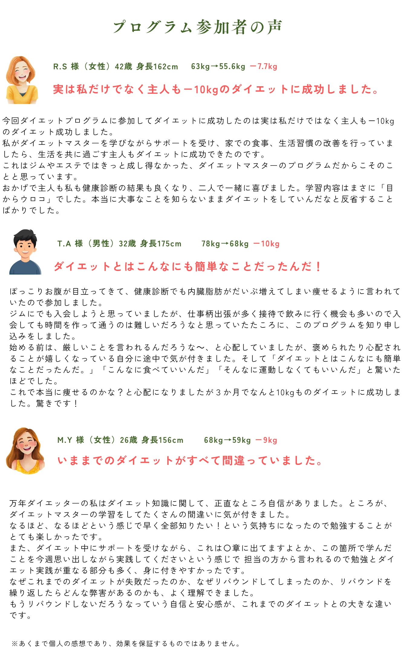 プログラム参加者の声：R.S様 42歳女性 63kgから55.6kgへ マイナス7.7kg達成、T.A様 32歳男性 78kgから68kgへ マイナス10kg達成、M.Y様 26歳女性 68kgから59kgへ マイナス9kg達成 ※個人の感想であり効果を保証するものではありません