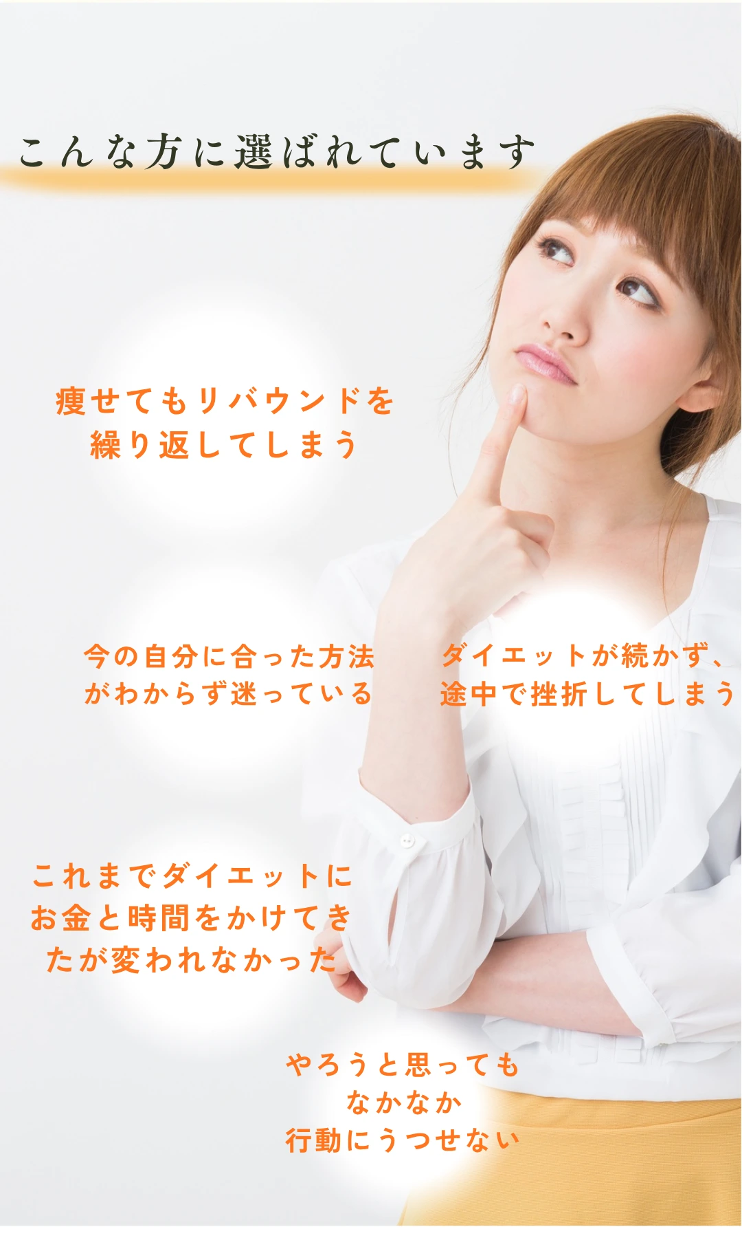 こんな方に選ばれています：リバウンドを繰り返す・自分に合った方法がわからない・ダイエットが続かない・行動にうつせない
